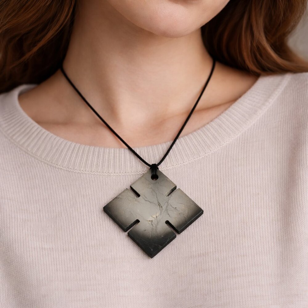 Shungite Stone Pendant Genuine Mineral EMF Shield Protection Amulet Celtic Cross